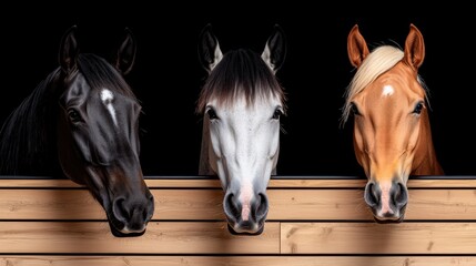 Obraz premium Three Curious Horses Peeking from Stable Stalls Equestrian Photography