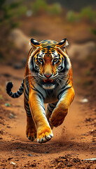 Fototapeta premium A tiger is running through a dirt road