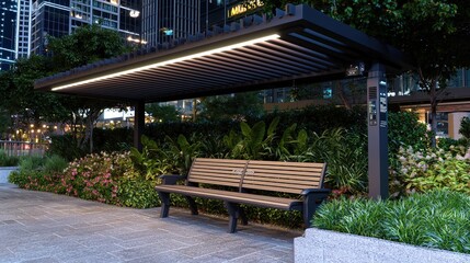 Modern Illuminated Pergola with Bench in Urban Park at Night