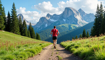 Fototapeta premium Man jogging along trail with majestic mountain landscape background