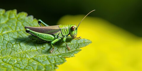 Fototapeta premium Green Grasshopper on Leaf with Yellow Background Macro Photography