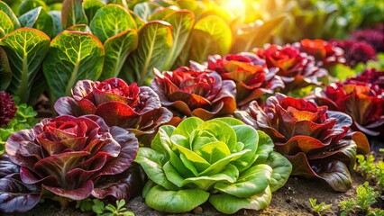 A Vibrant Patch of Lush Green and Rich Red Lettuce Basking in the Warm Glow of the Setting Sun