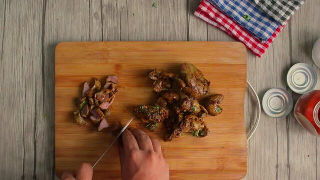 Chicken gizzard and liver cooking.
