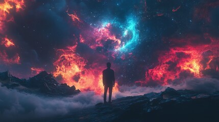 A human silhouette gazes at colorful cosmic formations