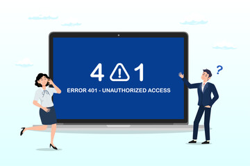 ERROR 401 - UNAUTHORIZED ACCESS, computer outage, error or failure, operating system crash or cyber attack, technical issue concept, people victims looking at computer laptop outage