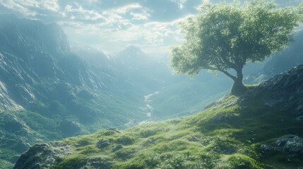 Fototapeta premium A tree overlooks a lush valley shrouded in morning mist