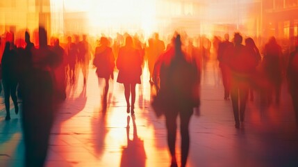 Fototapeta premium People stroll through a vibrant cityscape as the sun sets
