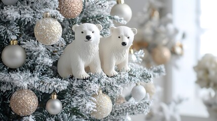 Frosted Tree with Polar Bear Figurines