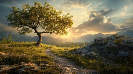 A breathtaking view of a tree and mountains at sunset