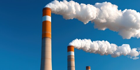 Industrial Smokestacks and Plumes of Smoke Against Blue Sky