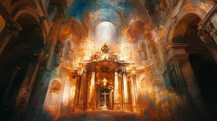 A vibrant cathedral interior illuminated by golden light