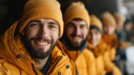 Fototapeta premium A group of friends volunteering at a shelter, Group of smiling men dressed in vibrant yellow jackets and hats, showcasing friendship and teamwork in a cozy, winter setting.