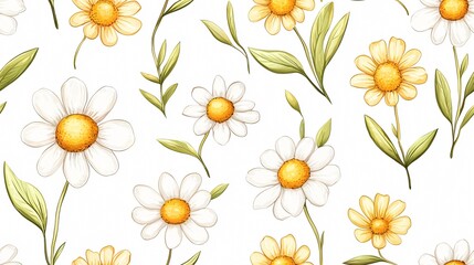 Whimsical Floral Pattern featuring Delicate Daisies and Vibrant Yellow Accents