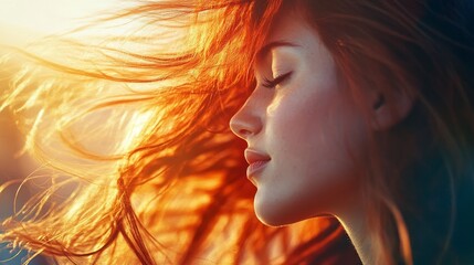 Naklejka premium A woman enjoys a sunset, her hair dancing in the warm breeze
