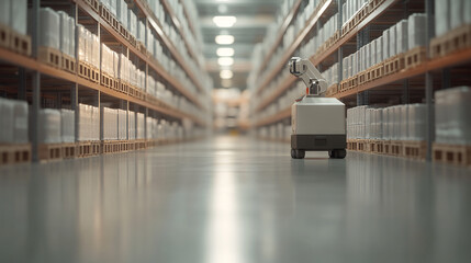 Obraz premium The robotic arm moves swiftly and efficiently, picking an item from an organized shelf within a highly automated warehouse. The clean, futuristic environment is brightly lit, with precisely stacked