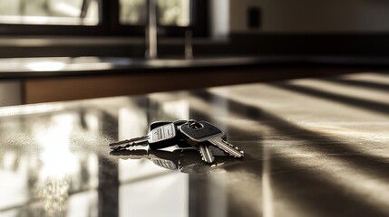 Keys are laid on a shiny kitchen countertop under soft sunlight