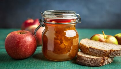 Sweet and Savory: A Jar of Homemade Apple Jam on Crusty Bread