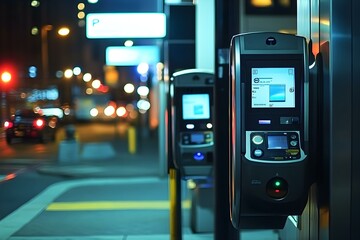 Modern Parking Payment Machines in a Nighttime Urban Setting