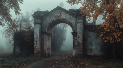 A misty, abandoned archway surrounded by autumn foliage and a foggy landscape.