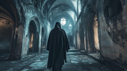 A Cloaked ghost Figure Walks Through a Ruined Church Hallway