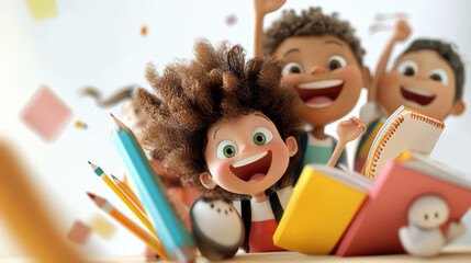 Joyful children with books and pencils celebrate learning together, AI