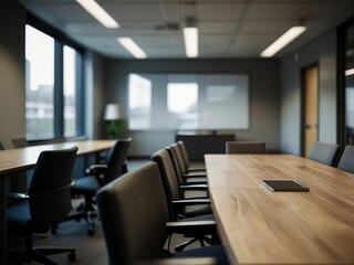 Modern office interior featuring a large meeting room with a spacious table and chairs around it, perfect for business discussions or team meetings.