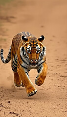 Fototapeta premium A tiger is running through a dirt road