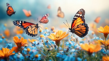 Colorful butterflies fluttering over vibrant flowers in a serene setting.