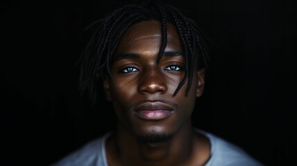 Close-up of a young man with braids and expressive blue eyes staring directly at the camera against a dark background, digital painting with intricate details.