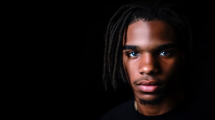 Fototapeta premium Portrait of a young man with intense gaze, dreadlocks, and soft lighting against a dark background in a digital illustration style.