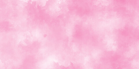 Soft smeared aquarelle painted pink texture, Abstract pink sky background and white clouds on pink canvas, Paint leaks and ombre effects hand painted cloudy pink paper texture.