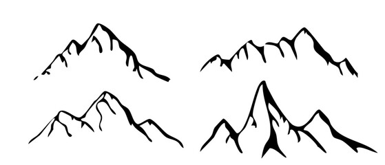 Mountain ridge, snowy peak, line wild nature. Hand drawn landscape, map line contour. Rocky mountains landscape design, icon.