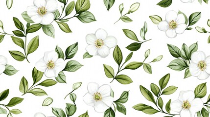 A beautiful floral pattern featuring white flowers and green leaves on a soft background, perfect for nature-inspired decor.