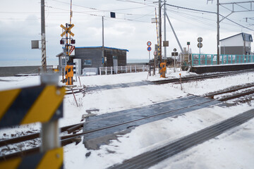 Railway crossing in Hokkaido, Japan in winter