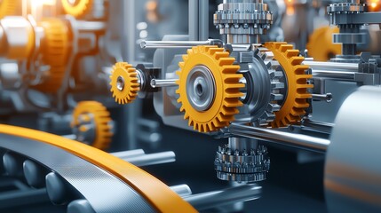 Close-up of metallic gears and cogs in an industrial setting, showcasing intricate mechanics and precision engineering technology.