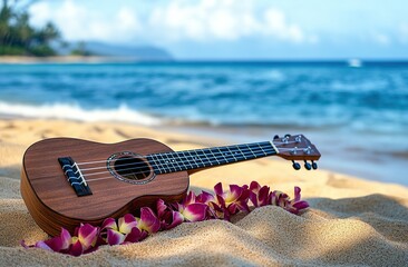 Ukulele and leis on the beach with ocean waves in the background