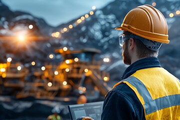 Engineer in a hard hat oversees operations at a mining site, using technology to manage heavy machinery under evening lights.