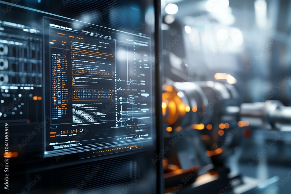 Poster futuristic technology interface displaying digital code and analytics in a modern industrial setting