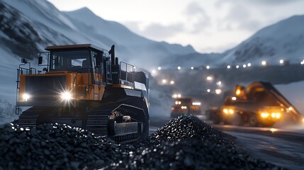 Heavy machinery operates in a snowy mining site at dusk, highlighting industrial power against a backdrop of mountains and illuminated equipment.