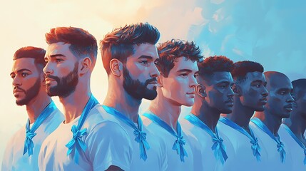 A digital painting of a diverse group of men standing together, holding hands with blue ribbons pinned to their chests, symbolizing unity and support.