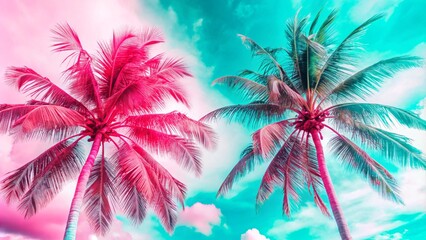 Obraz premium Two tall palm trees on toned gradient pink blue sky with light fluffy clouds. Creative trendy summer tropical background. Tropical beach in Punta Cana. Palm trees on a sandy island in the ocean.