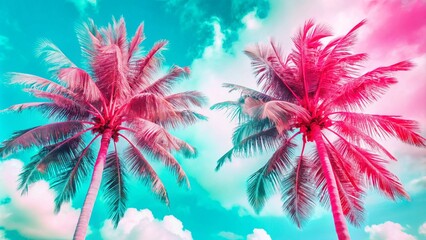 Two tall palm trees on toned gradient pink blue sky with light fluffy clouds. Creative trendy summer tropical background. Tropical beach in Punta Cana. Palm trees on a sandy island in the ocean.