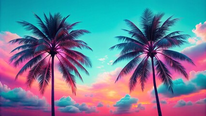 Two tall palm trees on toned gradient pink blue sky with light fluffy clouds. Creative trendy summer tropical background. Tropical beach in Punta Cana. Palm trees on a sandy island in the ocean.