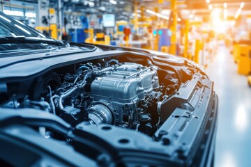 Fototapeta premium Robotic arms placing an engine inside a car chassis on the production line