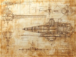 Obraz premium Timeless Blueprint: A Fusion of Art and Science Perfect for Sports Interior Posters, Featuring Intricate Structural Designs and Detailed Annotations on a Textured Base