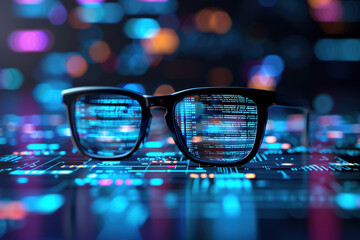 Artificial Intelligence in Document Analysis tool summarizing contracts, Futuristic glasses reflect digital code against a vibrant, abstract background, symbolizing innovation and technology.