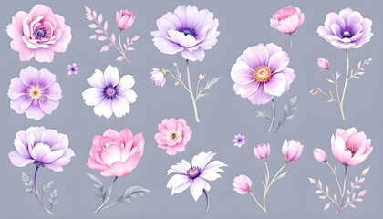 Very peri watercolor flowers clip-art. Purple flowers on a white background. Hand-painted abstract botanical illustrations bundle. 