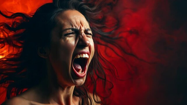 A screaming woman on a red background 