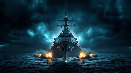 Obraz premium A dramatic naval ship navigating through dark waters, surrounded by ominous clouds and explosions. A striking image of maritime power.