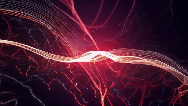 A vibrant animation showcases glowing neon lines abstract loop featuring particlelike representations blood cells energy flow creating visually stunning effect ideal motion graphics 4K resolution